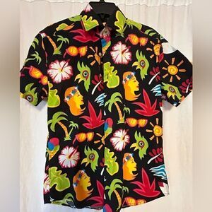 Oppo Suits medium Hawaiian shirt tropical colored black tailored  cotton spandex